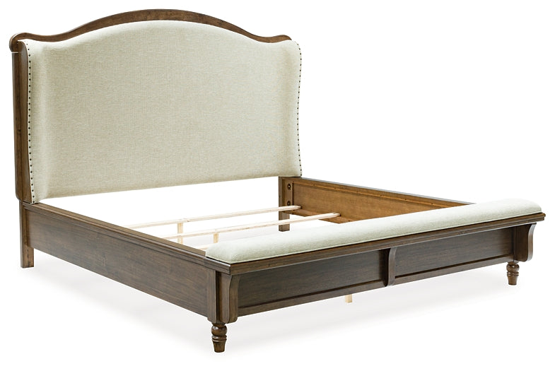 Sturlayne Queen Upholstered Panel Bed with Mirrored Dresser and Nightstand
