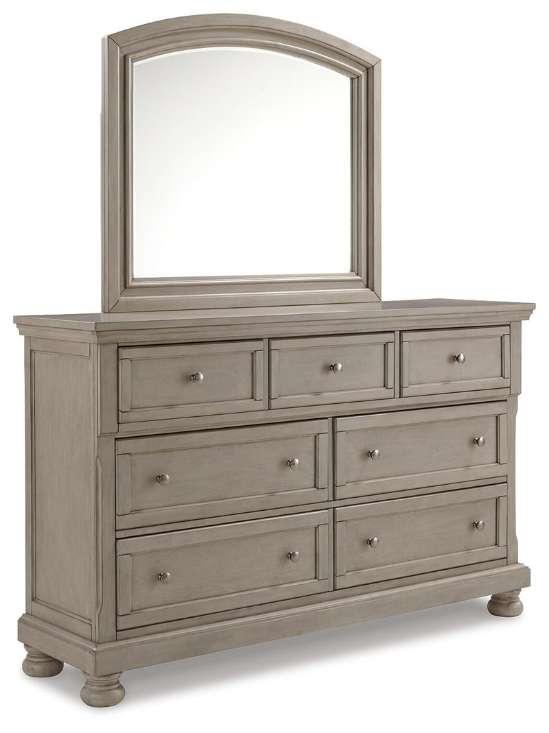 Lettner Queen Sleigh Bed with 2 Storage Drawers with Mirrored Dresser