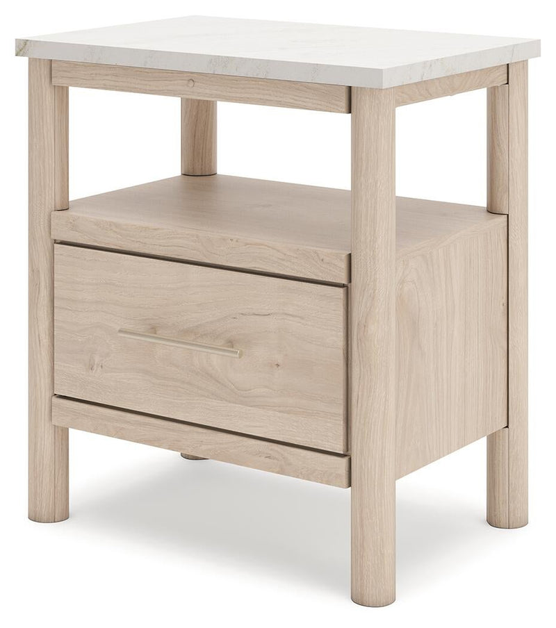 Cadmori Queen Upholstered Panel Bed with Mirrored Dresser and Nightstand
