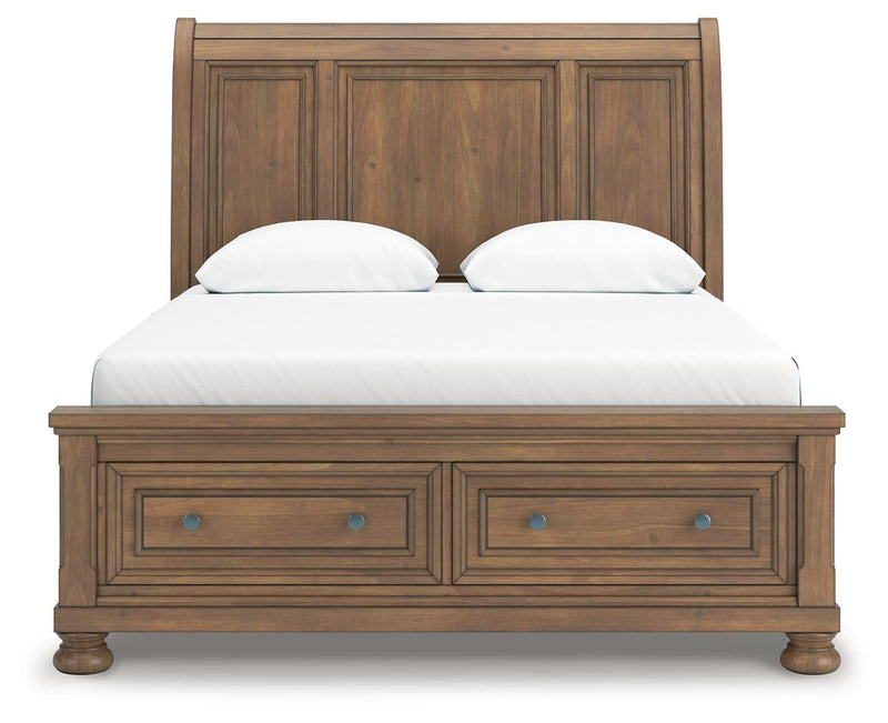 Feddinger Queen Storage Sleigh Bed with Mirrored Dresser, Chest and Nightstand