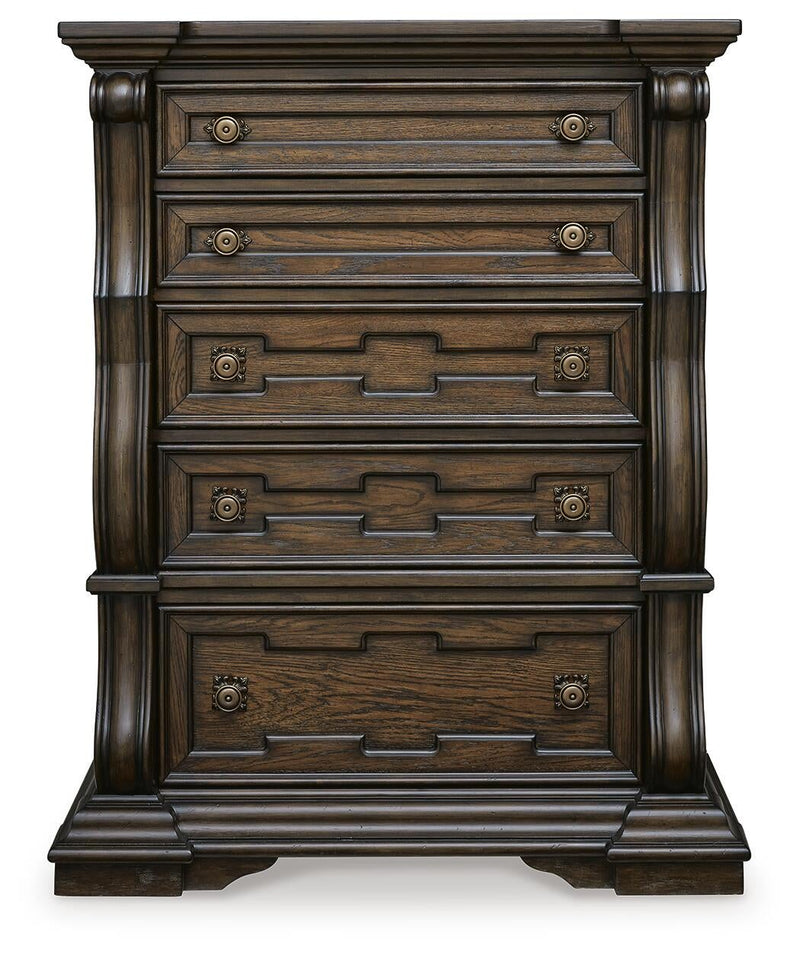 Maylee King Canopy Bed, Dresser, Mirror, Chest and Nightstand