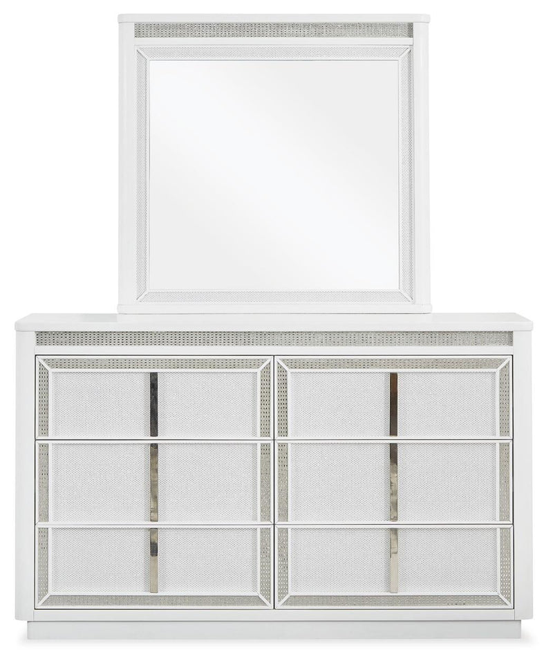 Chalanna King Upholstered Storage Bed, Dresser, Mirror and Nightstand