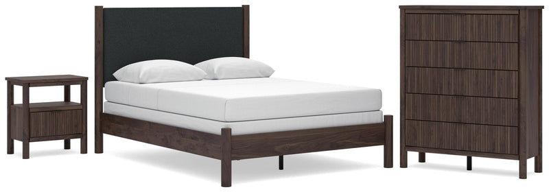 Pamytta Queen Upholstered Panel Bed, Dresser, Mirror and Nightstand