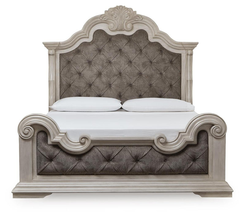 Bruchandi King Upholstered Panel Bed with Mirrored Dresser