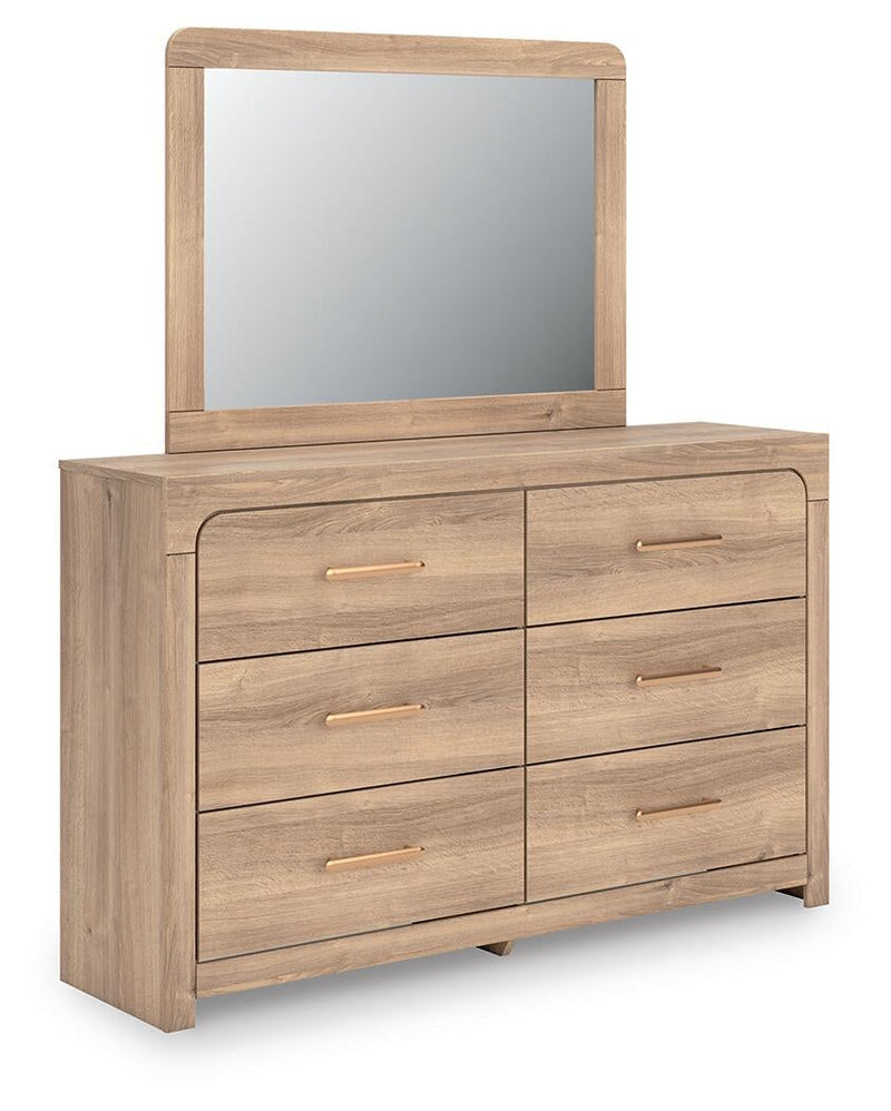 Kinlanni Queen Upholstered Platform Bed, Dresser, Mirror and Nightstand