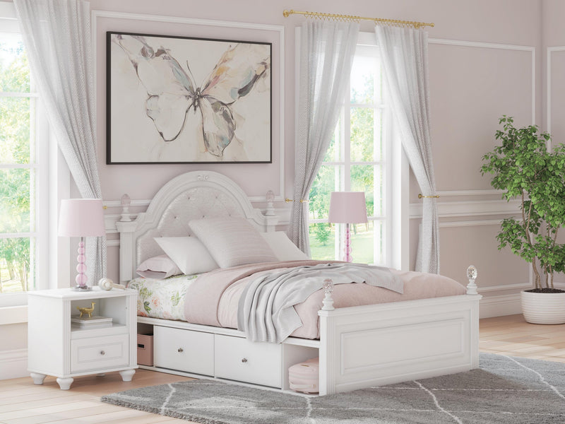 Kozlani Full Upholstered Panel Storage Bed, Dresser and Mirror
