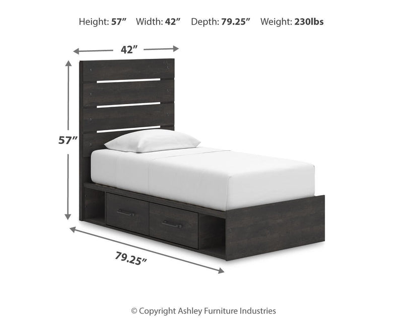 Delmorta Twin Panel Bed with Storage, Dresser and Mirror