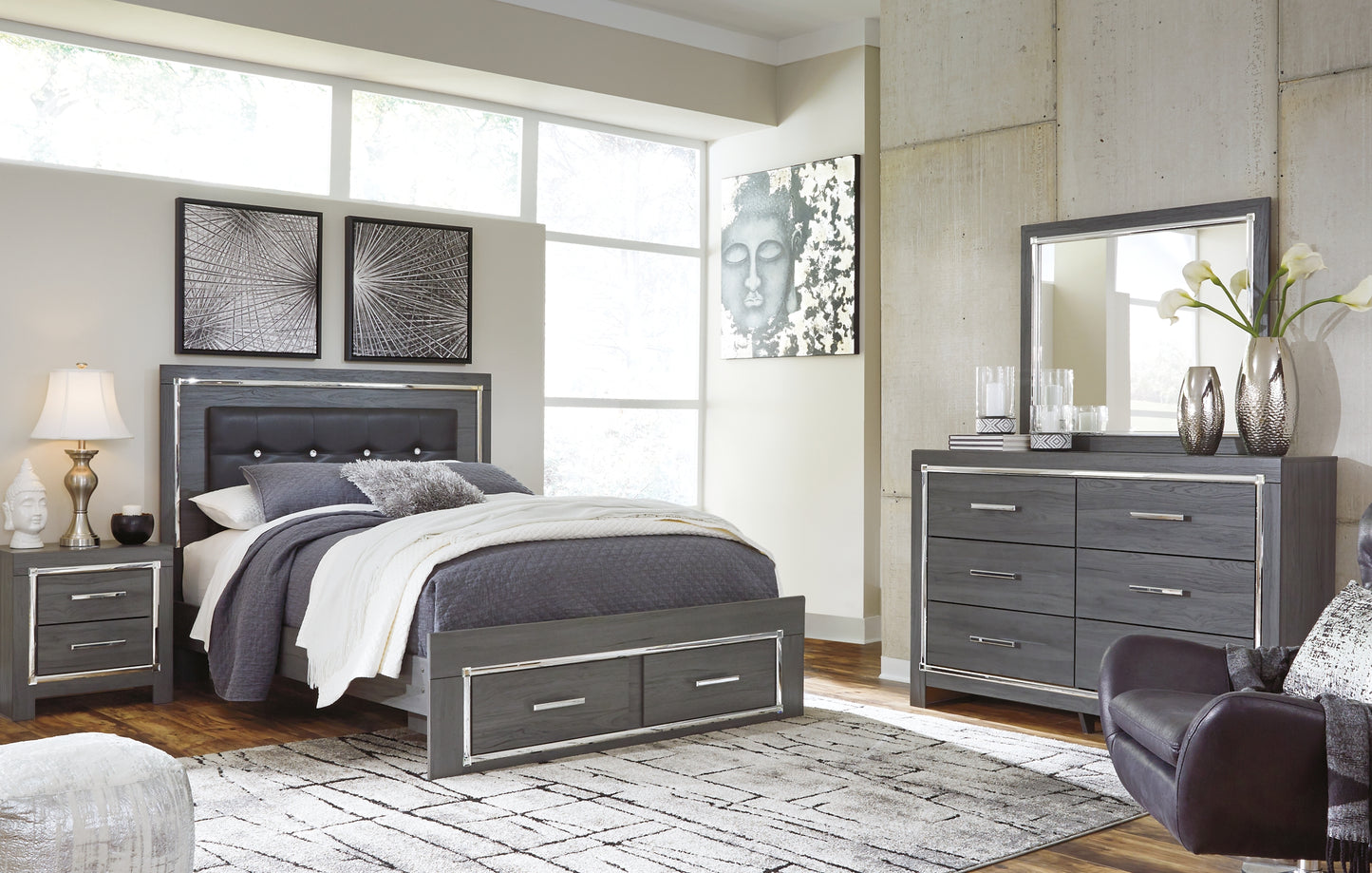 Lodanna Queen Panel Bed with 2 Storage Drawers with Mirrored Dresser, Chest and Nightstand