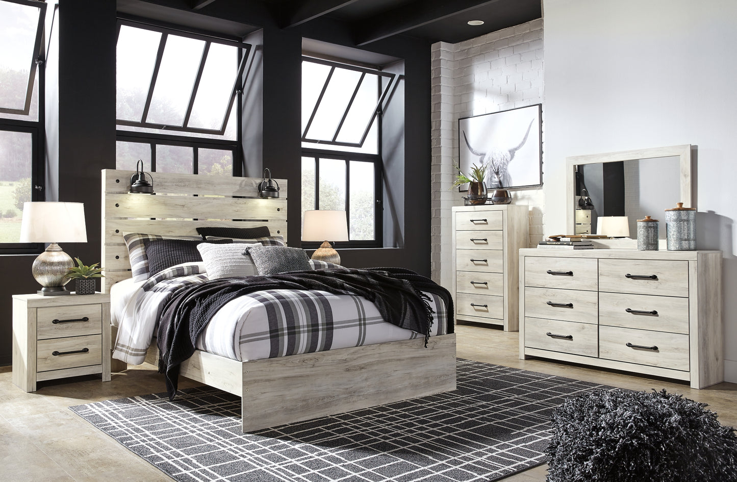 Cambeck  Panel Bed With Mirrored Dresser, Chest And 2 Nightstands
