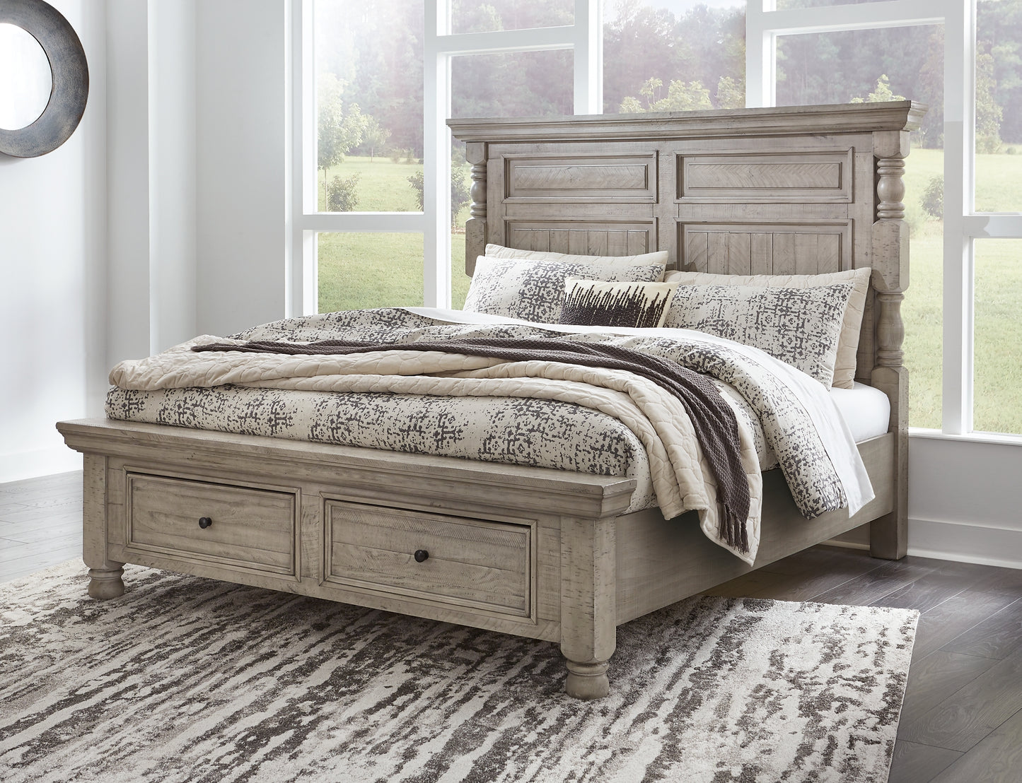Harrastone King Panel Bed with Mirrored Dresser, Chest and Nightstand